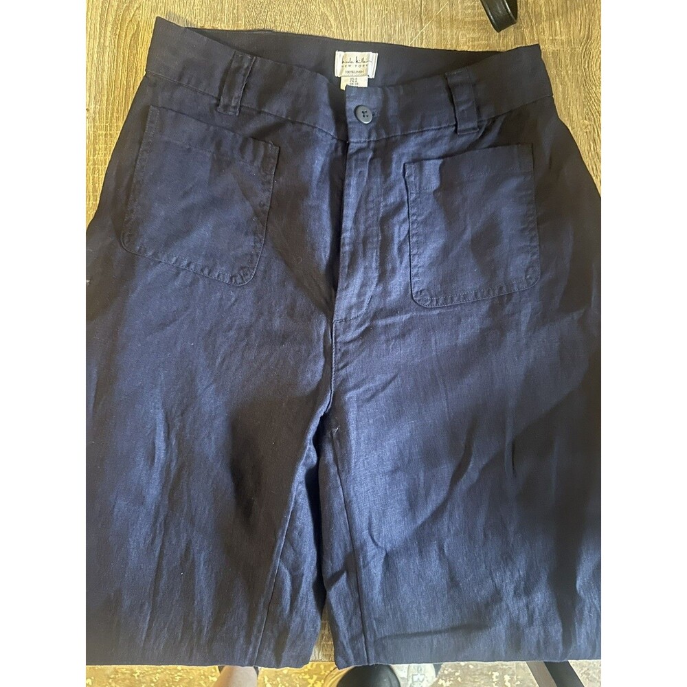 Nicole Miller NY Linen Wide Leg Pants Women’s Size 6 Blue High Rise Patch Pocket